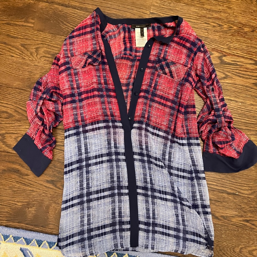 Y2k bcbg blue red plaid long button down silk blouse